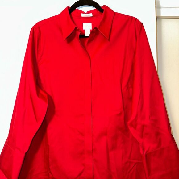 Chicos XL (3) Button Down Collared No Iron Red Long Sleeve Womens Shirt EUC - Picture 3 of 11